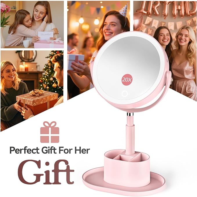 20X Magnifying Mirror with Lights and Storage, Double Sided Vanity Mirror | Rechargeable Makeup Mirror, 3 Color Lighting, Fast Charge and Long-lasting Work, Height Adjustable, Memory Function, Pink