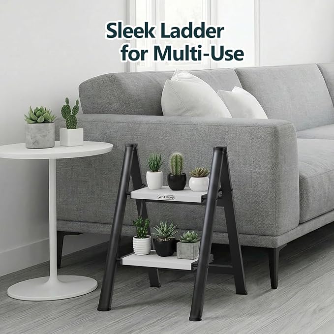 2 Step Foldable Step Stool, 300lbs Load, Black & White | Folded 27''H x 3''T; Net 6.9 lbs; Non-Slip Feet: Wood/Tile/Carpet; Rigid Aluminum Steps; No Assembly; Ready From Box.