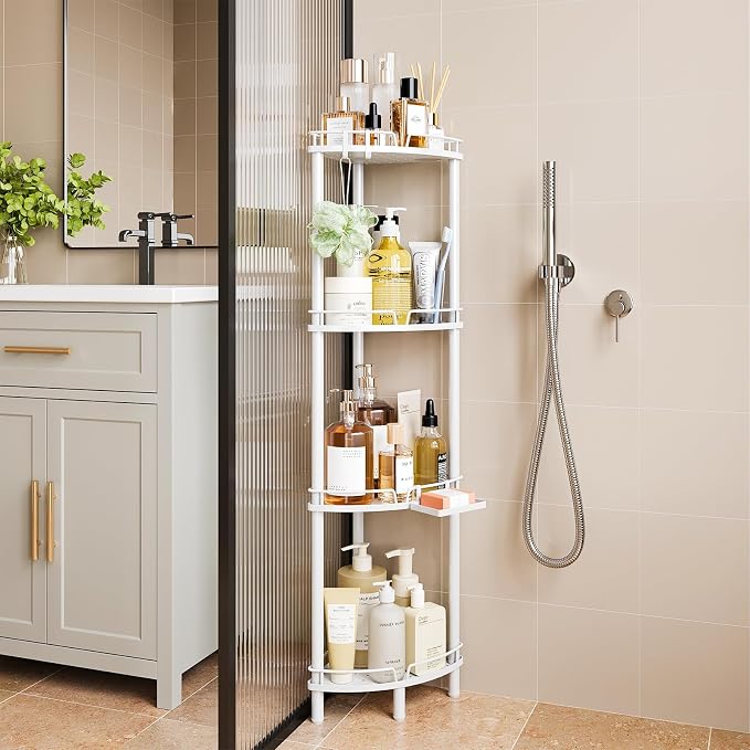 ELYKEN Corner Shower Caddy Standing, 4 Tier Metal Shower Organizer, White | Stainless Steel Shower Shelves with Soap Holder, Adjustable Feet & 2 Hooks for Storing Bath Essentials in Bathroom corner