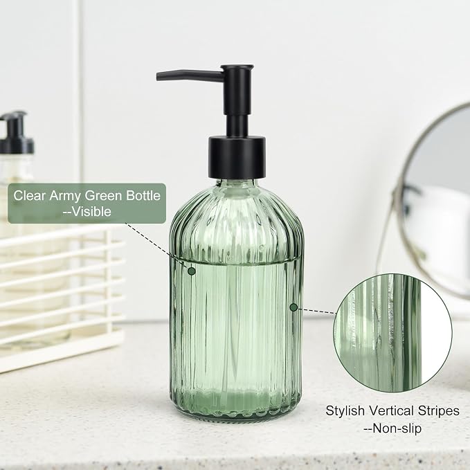 Topsky 2 Pack Glass Soap Dispenser with Plastic Pump, 400ml Liquid Hand Soap Dispenser, Rustproof Pump for Kitchen & Bathroom, Great for Lotions, Essential Oil, Liquid Soaps,Army Green