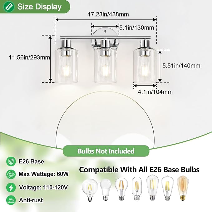 Zarbitta 3-Light Bathroom Light Fixtures, Chrome Bathroom Wall Light with Clear Glass Shade, Bathroom Wall Lamp for Mirror Kitchen Living Room Hallway Cabinet
