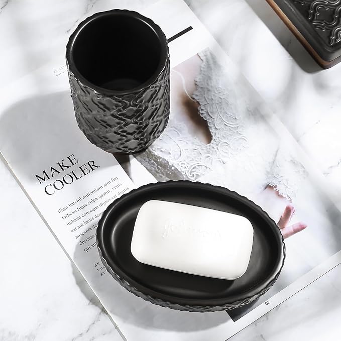 RQYIXI Ceramic 6-Piece Bathroom Accessories Set,Matte Black,with Trash Can | ceramic and wood embossed design with Trash Can modern countertop organization