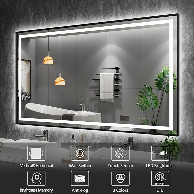 32"X32" LED Bathroom Mirror with Black Frame, Front Lit and Backlit | Metal Framed Mirror, Stepless Dimmable, HD Reflection, Anti-Fog, Shatter-Proof, Memory, 3 Colors Lighting, UL Listed.
