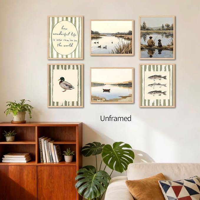 ZYANGZY Vintage Fishing Poster Set of 6, Retro Mallard Duck Wall Art Painting Rustic Nursery Wall Decor Dog and Boy Canvas Picture Prints for Farmhouse Bedroom Living Room 12x16 inch Unframed