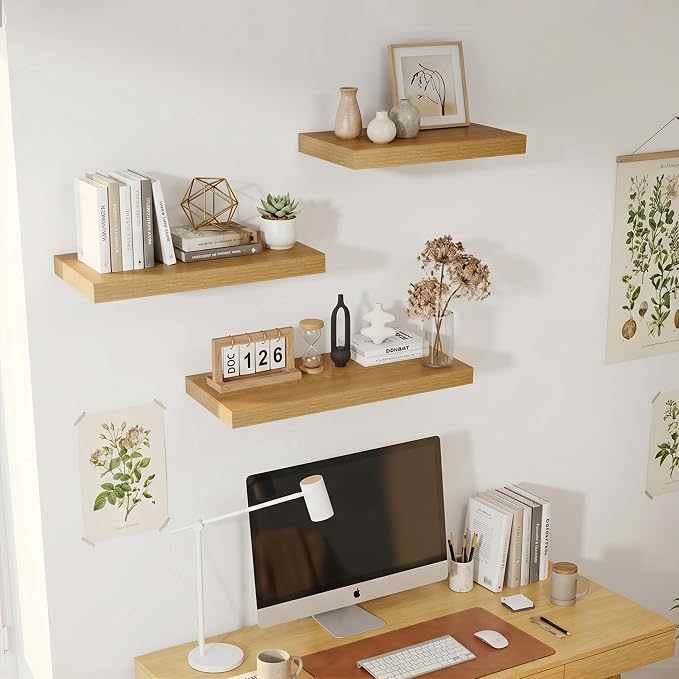 Vivelove Deep Floating Shelves 40x12” Set of 2, Oak | Easy Install With Hardware, 2" Thick, Invisible Brackets, Wall Mounted, No Sagging, For Any Room