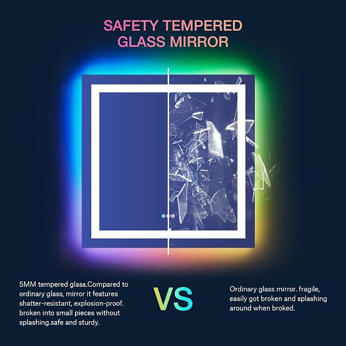 LOAAO 38"X38" LED Bathroom Mirror with Lights, Anti-Fog, Dimmable, RGB Backlit + Front Lighted, Bathroom Vanity Mirror for Wall, Memory Function, Waterproof, Tempered Glass | Anti-Fog, Dimmable, RGB Backlit + Front Lighted, Memory Function, Tempered Gl...