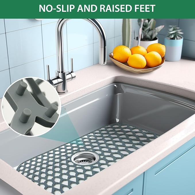 Silicone Sink Protector for Multi-Size Kitchen Sink(26"x14", Center Drain) | Flexible and durable, heat-resistant, machine washable, non-slip, gray grid.
