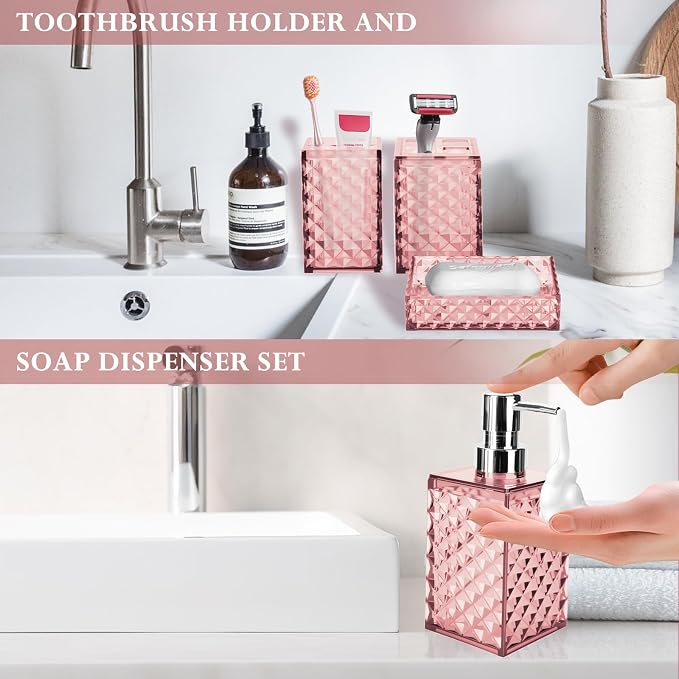 Bathroom Accessory Set, Grid Pattern 4 Pcs Plastic Bathroom Set, Pink | Include Soap Dispenser, Soap Dish, Toothbrush Holder, Mouthwash Cup, Modern Bathroom Decor Set