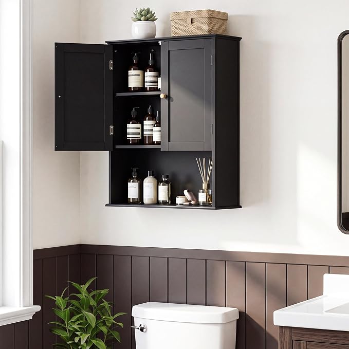 Bathroom Wall Cabinet, Black 30" x 24" Wall Mounted Medicine Cabinet, Over Toilet Storage Hanging Cabinet Adjustable Shelves Cupboard with Large Space for Laundry Room, Bedroom, Kitchen, Entryway