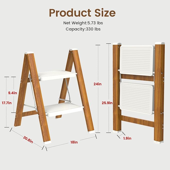 HBTower Step Ladder, Lightweight Aluminum Folding Step Stool | Anti-Slip Wide Pedal, 330lbs Capacity Step Ladder for Household Kitchen Office, WhiteWoodgrain