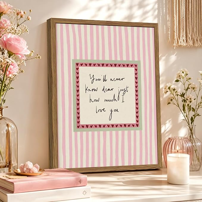 Preppy Pink Girl Quote Wall Art You Will Never Know Dear How Much I Love You Sign Wall Decor Picture Cute Striped Poster Canvas Painting Prints for Bedroom Living Room 24x16 Inch Wood Framed
