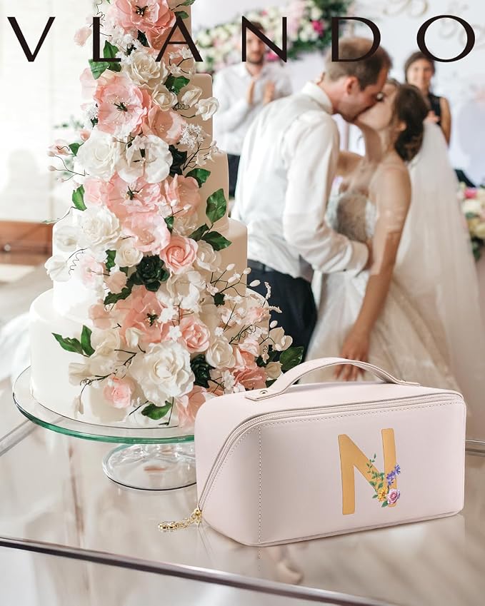 VLANDO Personalized Makeup Bag,Gifts for Women, Letter N,Off White | PU Leather Personalized Toiletry Bag,Open Flat Cosmetic Skincare Organizer,Gifts for Women,Bridesmaid,Teen