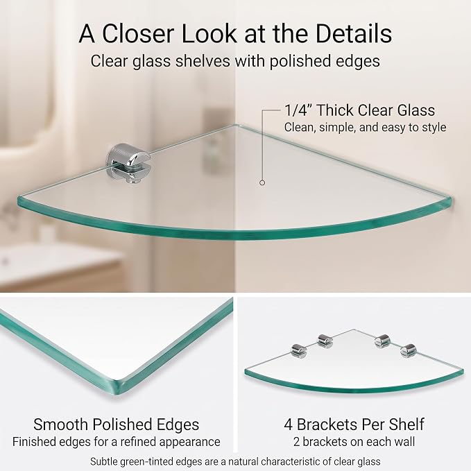 Kingrol 3 Pack Drill-Mounted Glass Corner Shower Shelves, 9-3/8 Inch | 3 Separate Shelves for True 90° Corners, 4 Brackets Per Shelf, Approx. 9.75-Inch Installed Corner Depth