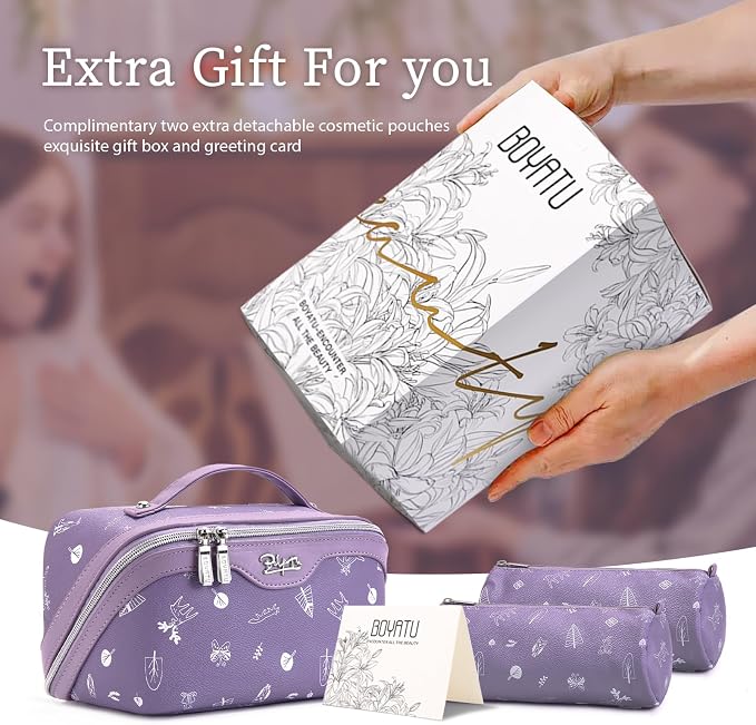 BOYATU Travel Makeup Bag Cosmetic Bags for Women: 3-Piece Makeup Bag Set | | Up to 20 3.4-oz Bottles | 180° Open-Flat Toiletry Organizer for Travel Essentials | Gift-Ready | (L-3-Lilac)
