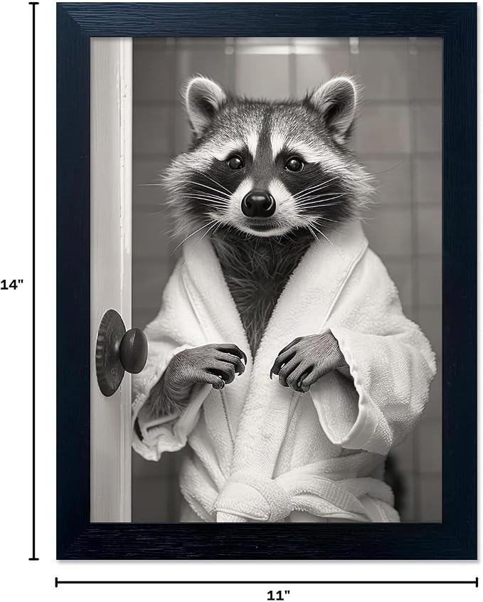 Black and White Bathroom Wall Decor Raccoon with Bathrobe Canvas Wall Art Toilet Animal Pictures Decor Art Bathroom Sign Artworks for Home