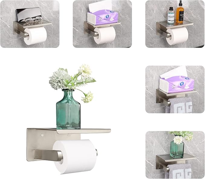 NearMoon Toilet Paper Holder with Shelf, Heavy Duty Bath Toilet Roll Holder with Phone Shelf Tissue Hanger for Bathroom/Kitchen No Drill or Wall Mounted(304 Stainless Steel, Brushed Nickel)