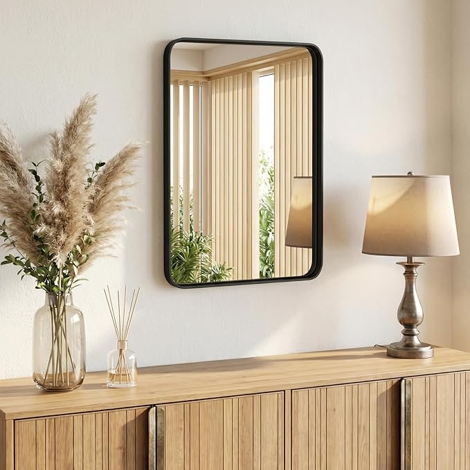 30x22 Inch Bathroom Mirror for Over Sink, Vanity Mirror | Metal Framed Rounded Rectangle,for Wall, Farmhouse, Restroom, Anti-Rust, Horizontal or Vertical Hanging, Black