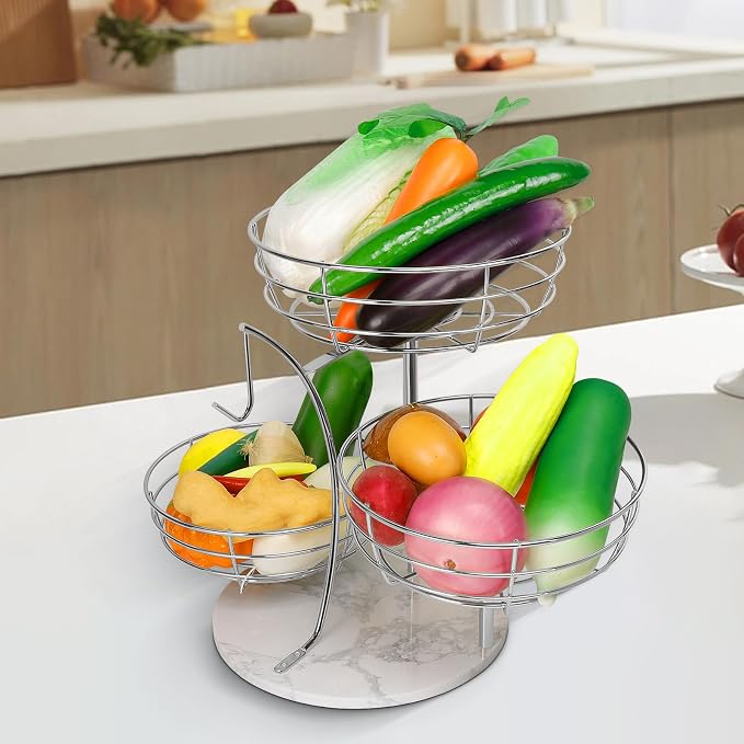 Livabber Fruit Basket Bowl with Banana Hanger, Metal Fruit Vegetable Storage Basket with Banana Holder for Kitchen Counter, Detachable Organizer for Bread Snack Produce (Chrome, 3-Tier Marble Base)