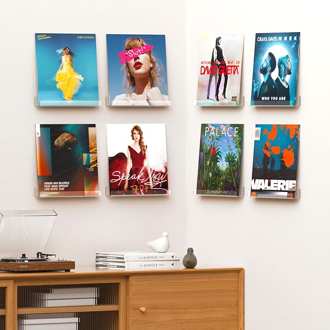 upsimples 4 Pcs 12" Vinyl Record Wall Mount Shelves, Clear Acrylic Display | Display Full Album Covers, Keep Records Secure, Floating Design, Easy to Install, for Book, Photo & More, Modern Wall Decor
