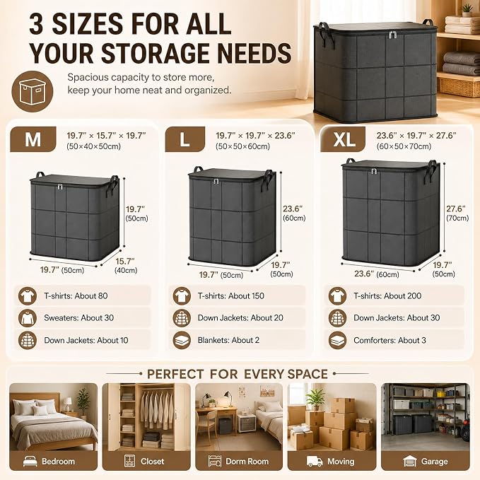 180L Spacious Moving Storage Bin - Large Capacity Zippered Fabric Organizer for Bedding & Clothes, Foldable Blanket Bag with Reinforced Handles for Quilts, Comforters & Moving Day,1:L