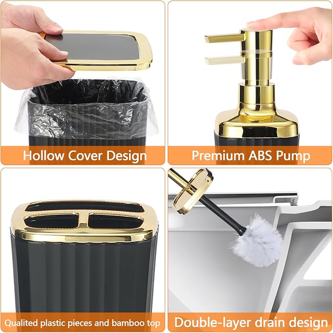 23 PCS Black Bathroom Accessories Set丨Shower Curtain Bathroom Accessory | All-in-One Kit with Shower Curtain,Trash Can,Toothbrush Holder,Toilet BrushSoap Dispenser,Toothbrush Cup,etc for Home