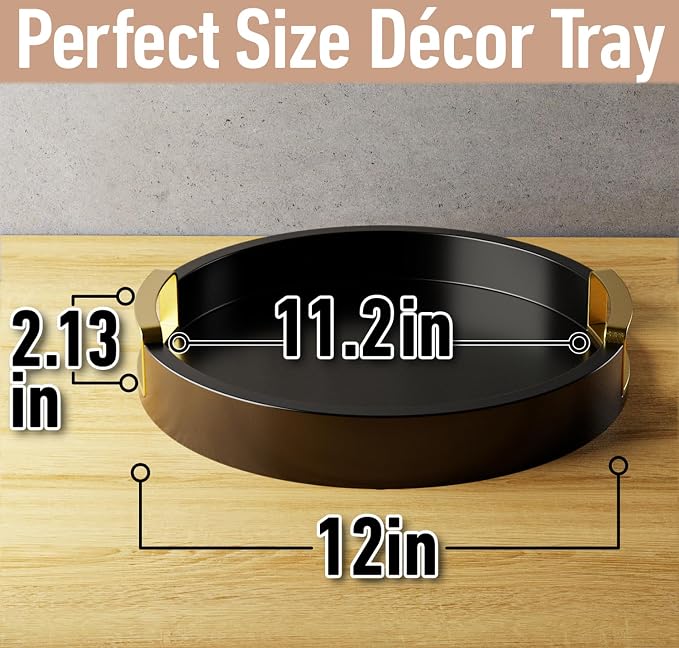 Round Decorative Tray, 12" Wooden Round Black Tray with Gold Metal Handles | Stain Resistant, Anti-Scratch Pads on Base, Smooth & Splinter Free, Decorative Trays for Coffee Table, Ottoman, Vanity & More