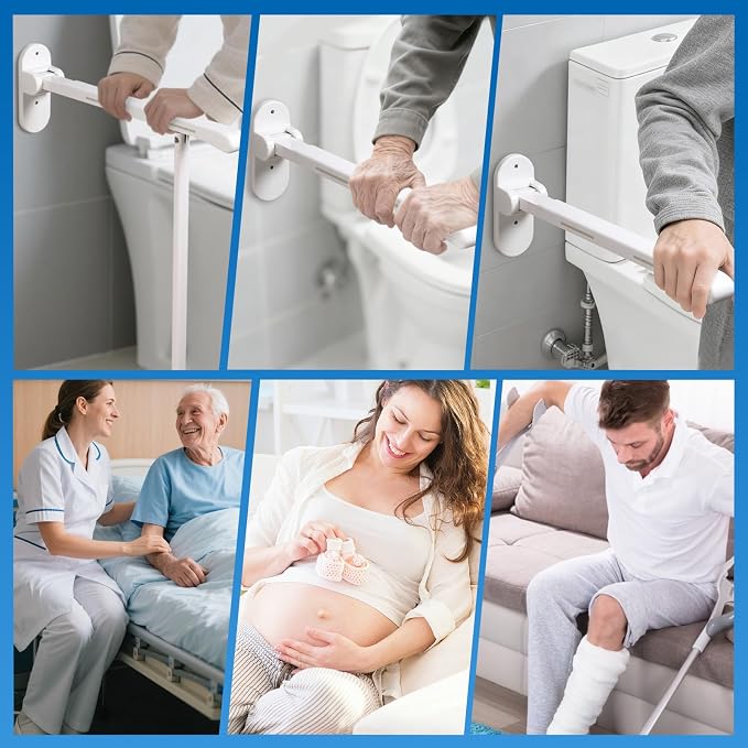 26.8 INCH Flip-Up Toilet Grab Bar, Wall-Mounted Safety Rail for Bathroom, Night Glow Strips on Both Sides, Folding Handrail for Elderly & Disabled