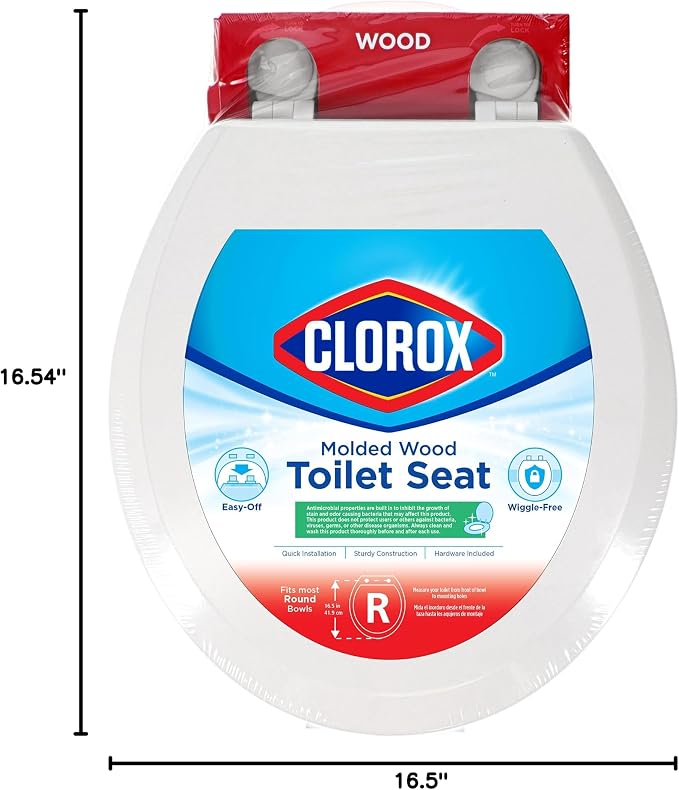 Clorox Round Wood Toilet Seat with Easy-Off Hinges-Wiggle Free Design 16.54 x 16.5 x 0.99 inches