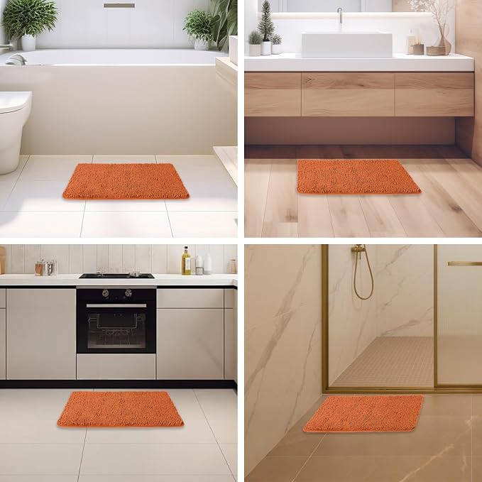 Burnt Orange Bathroom Rugs – Absorbent and Washable Bath Mat, Non-Slip, Thick Soft Chenille Bath Rugs for Bathroom Floor, Shower, Sink - 17" x 24"