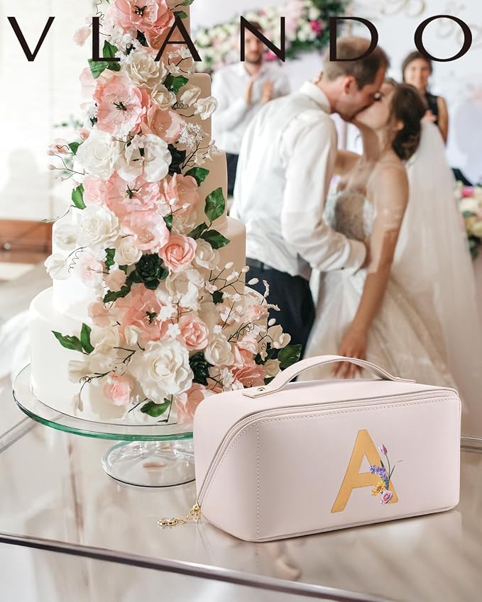 VLANDO Initial Makeup Bag with Separate Brush Pocket,Letter A,Off White | PU Leather Personalized Toiletry Bag,Open Flat Cosmetic Skincare Organizer,Gifts for Women,Bridesmaid,Teen