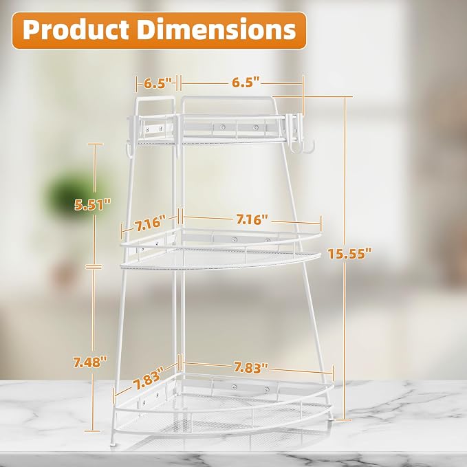 VITVITI 3 Tier Bathroom Counter Organizer Corner Vanity Shelf Storage White | Metal Mesh Bathroom Countertop Organizer, Bath Room Sink Makeup Organizers for Skincare Perfume Lipstick, with Hooks