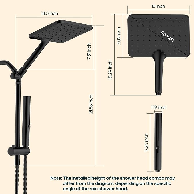 Hombeter High Pressure Rain Shower Head with Handheld Combo, 10 Inch Square Rainfall Showerhead, Adjustable Slide Bar Dual Shower System, 3 Spray Modes, 59" Stainless Steel Hose,Chrome