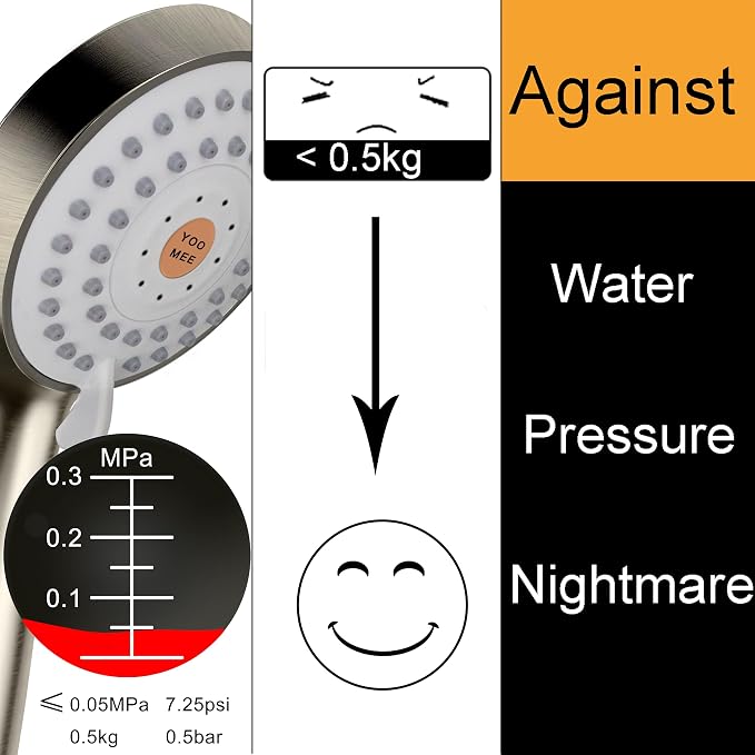 YOO.MEE High Pressure Handheld Shower Head, Power Boost Resists Low Flow | Against weak pressure, pulsating for deep rinsing, with 79 inch stainless steel hose, rotatable mount arm, brushed nickel