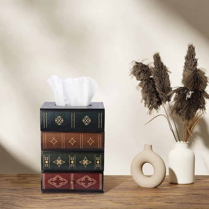 Antique Wooden Book Tissue Box Cover with Storage Drawer, Green Top | Square Tissue Holder, Fit Cube Tissue Box, Retro Vintage Home Decor, for Table Desk Books Shelves Bathroom Living Room Office