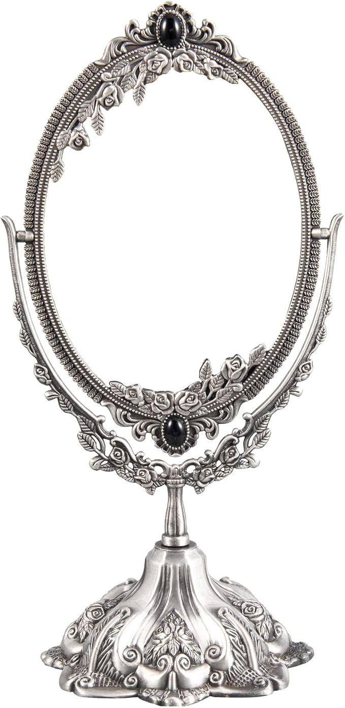 Feyarl Small Vintage Makeup Mirror Floral Tabletop Oval Vanity Mirror with Stand Dressing Room Swivel Double Sided Elegant Decorative Mirror Embossed Frame (Pewter)