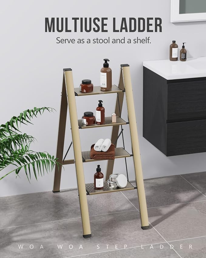 4 Step Foldable Step Stool, 300lbs Load, Gold | Folded 43''H x 2''T; Net 9.9 lbs; Non-Slip Feet: Wood/Tile/Carpet; Rigid Aluminum Steps; No Assembly; Ready From Box.