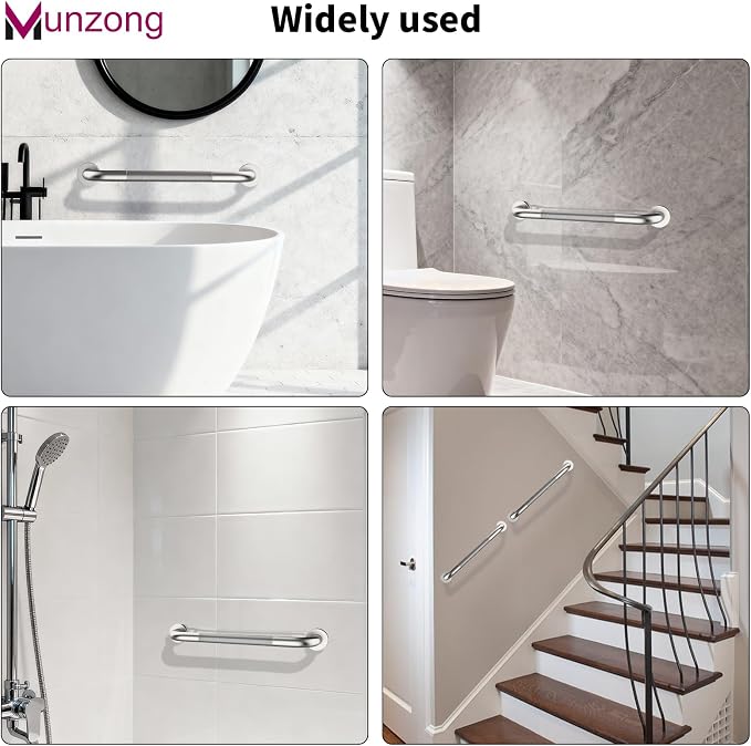 16 Inch Anti Slip Shower Grab Bar,Munzong Stainless Steel Handicap Grab Bar | Brushed Nickel Knurled Balance Bars for Bathtubs and Showers Safety Hand Rail Support Elderly Senior Bath Handle