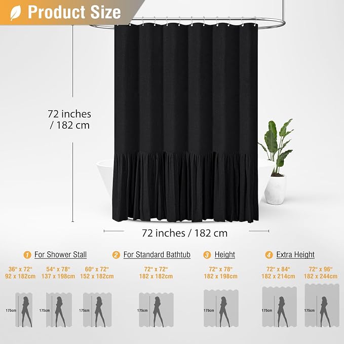 Linen Ruffle Modern Farmhouse Cloth Boho Shower Curtain, 72x72, Black | Ruffle Hem, Heavy Duty Fabric, 12 Hooks, Elegant Drape, Shabby Chic Style, Bathroom Decor, Machine Washable, Easy To Install