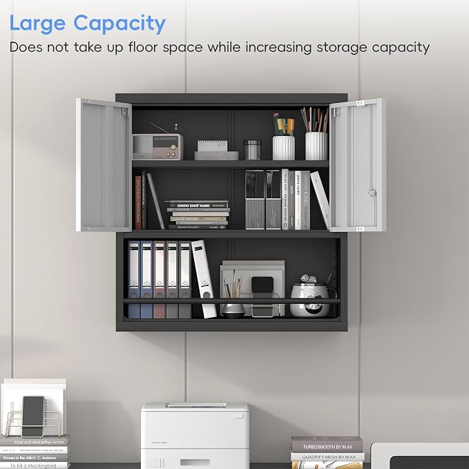 Garage Locking Cabinet, Wall Storage Cabinet with Shelves, Hanging Cabinets with Open Storage, Small Wall Cabinet, Lockable Tool Cabinet for Basement, School, Office