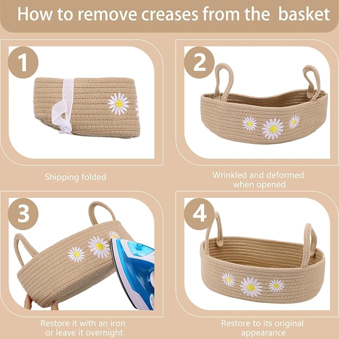 Vesici Daisy Toilet Basket Woven Cotton Rope Bathroom Organizer | Beige Daisy Bathroom Decor, Countertop Organizer with Handle, Nursery Closet Storage, 13 x 6 x 4 Inch