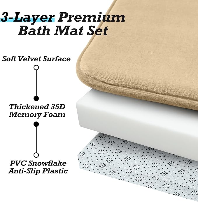 Bathroom Rugs Sets 3 Piece, Non-Slip & Quick Dry Bath Mat Set, Ultra Soft Velvet Bath Rugs for Bathroom, Toilet and Shower Floor, Khaki