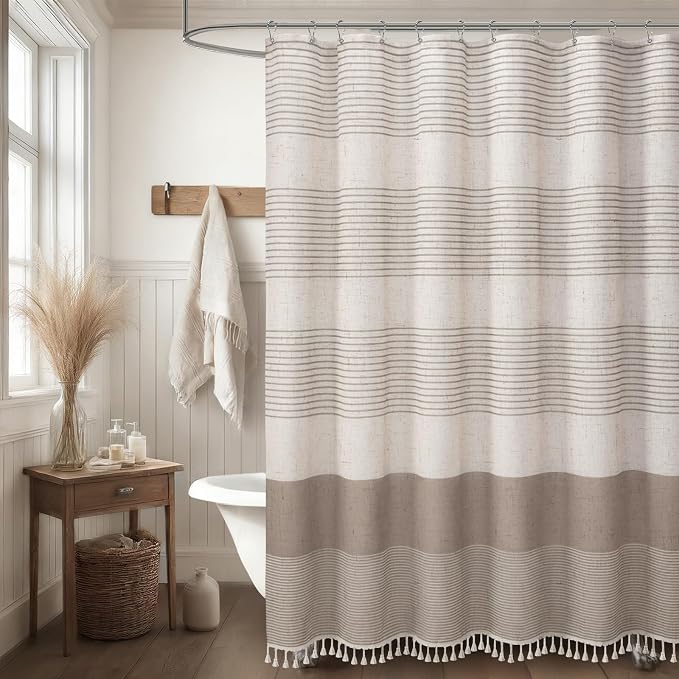 Taupe Farmhouse Linen Striped Shower Curtain with Tassel 72"W X 72"L | Boho Farmhouse Shower Curtains with Linen Texture for Bathroom Decor