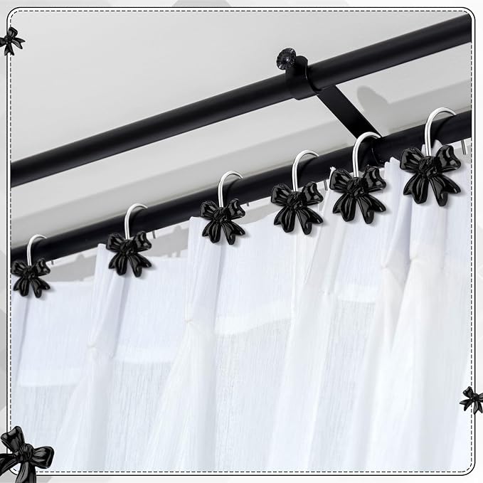 Yaocom 12 Pcs Black Bow Shower Curtain Hooks Christmas Rustproof Metal | Decorative Bow Knot Design Rings, Smooth Glide, Bulk Set for Bathroom Bedroom Living Room Art Decor, Classic Style Hangers