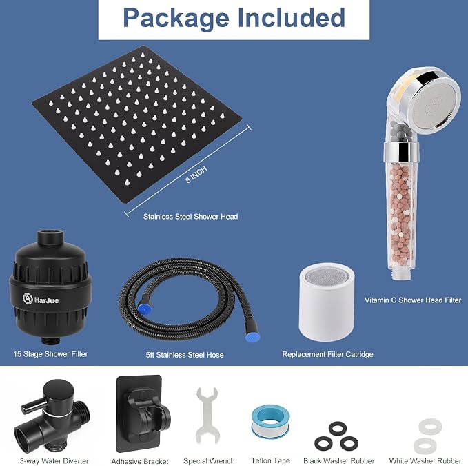 Filter Shower Head, High Pressure 8 Inch Rainfull with Filter Combo for Hard Water, Remove Chlorine Fluoride and Harmful Substances- 1 Replaceable Filter Cartridge (Square, Matte Black)