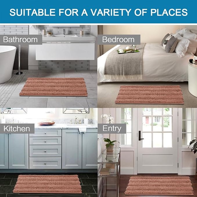 H.VERSAILTEX Bath Mats for Bathroom Non Slip Extra Thick Chenille Striped Bath Rug 24" x 36" Absorbent Non Skid Fluffy Soft Shaggy Rugs Washable Dry Fast Plush Mats for Indoor, Bath Room - Muted Clay