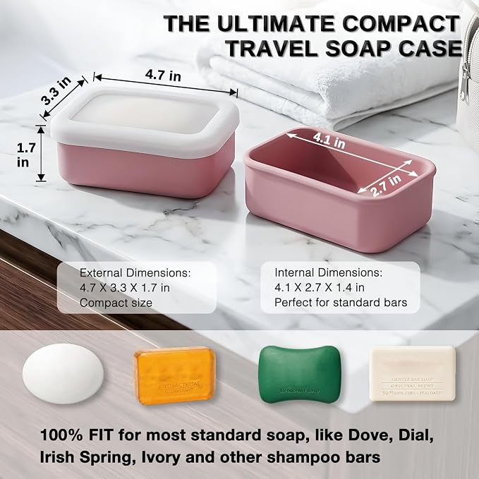 HighHerz Compact Leak Proof Silicone Travel Soap Case with Draining Tray - Portable Bar Soap Container - 2026 Upgrade Travel Essentials for Camping, Gym & Shower (Clear Pink)