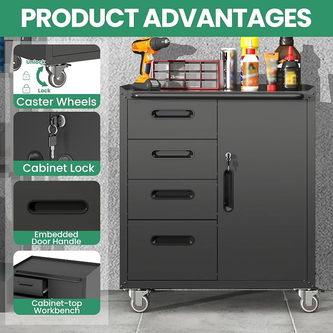 Garage Tool Cabinet Set,Heavy Duty Steel Rolling Tool Chest with Lockable Doors & Adjustable Shelves