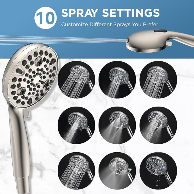 Dual Handheld Shower Head Combo, 2-in-1 Rain Shower Heads System Wide Rainfall Shower Head and 10 Modes High Pressure Hand Held Showerhead with Built-in Power Wash - Brushed Nickel