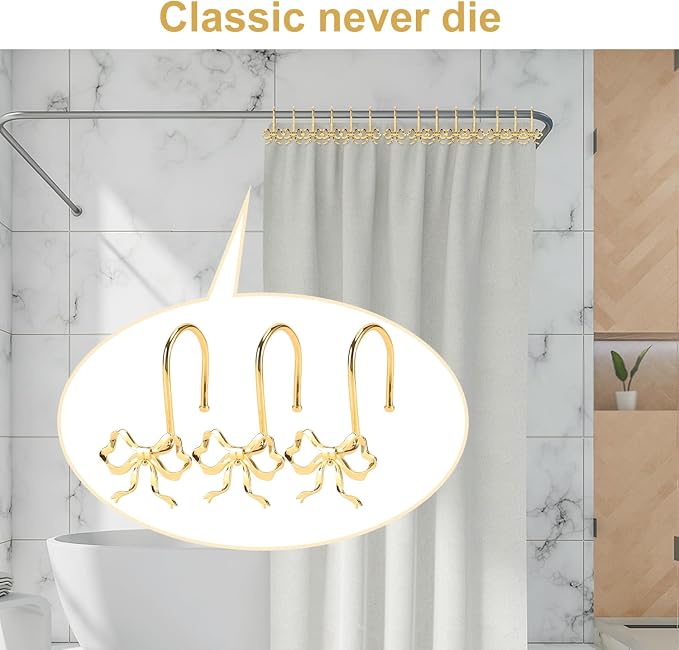 Bow Shower Curtain Hooks, 12-Pack Gold Metal Decorative Bow Knot Rings | Rust-resistant metal rings with gold bow knot accents add decorative charm to bathrooms, guest baths
