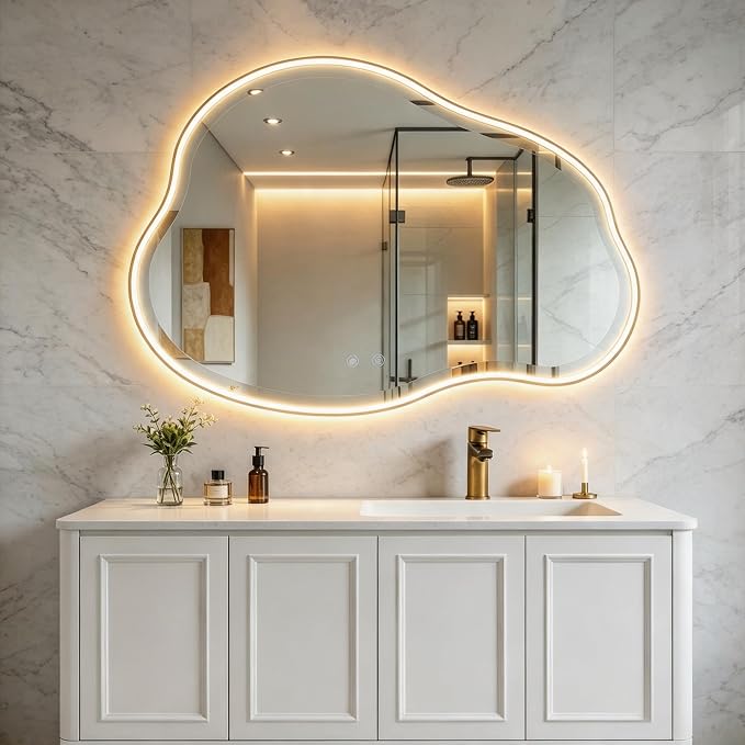 POZINO 36"x24" Irregular LED Bathroom Mirror with Lights, Gold Metal Frame | Beveled Edge, 3 Color Dimmable, Anti-Fog, Memory Function, IP65 Waterproof, Cloud Shaped Bathroom Mirror with Front Lights